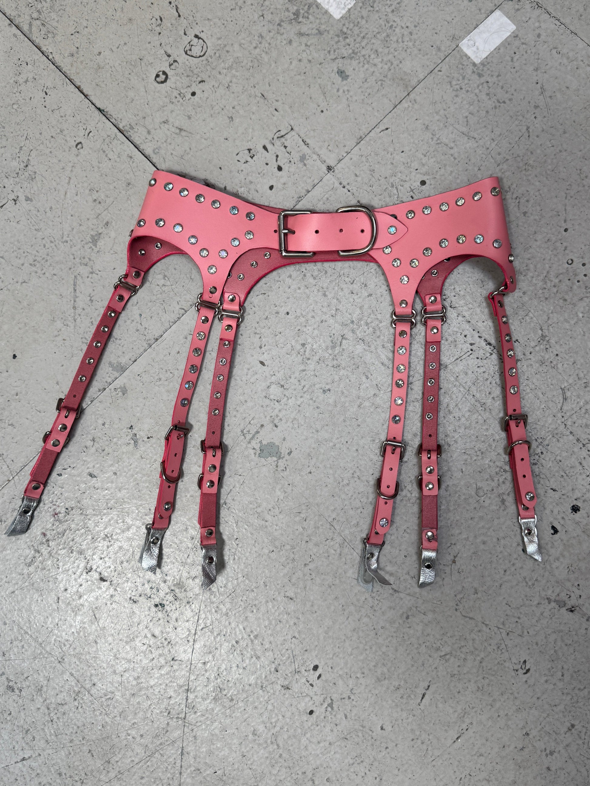 SAMPLE SALE - PINK LEATHER RHINESTONE SUSPENDER BELT