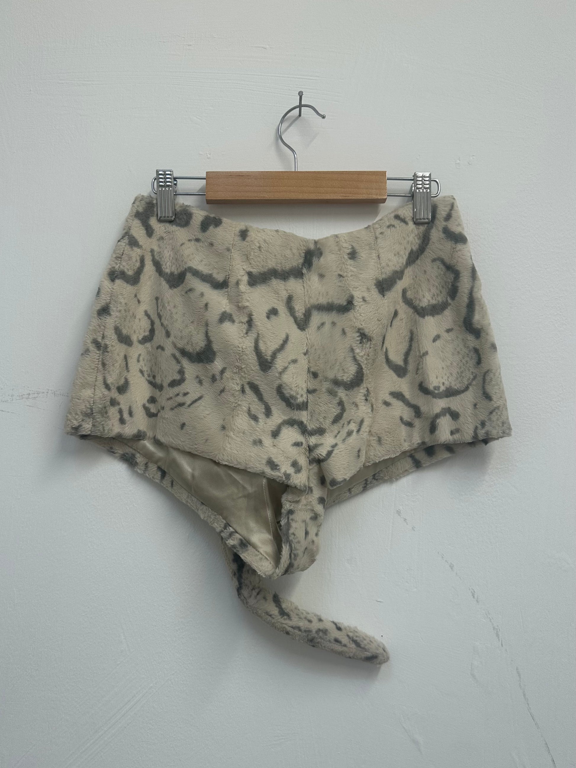 FAUX FUR ANIMAL PRINT HOT PANTS WITH TAIL SIZE SMALL