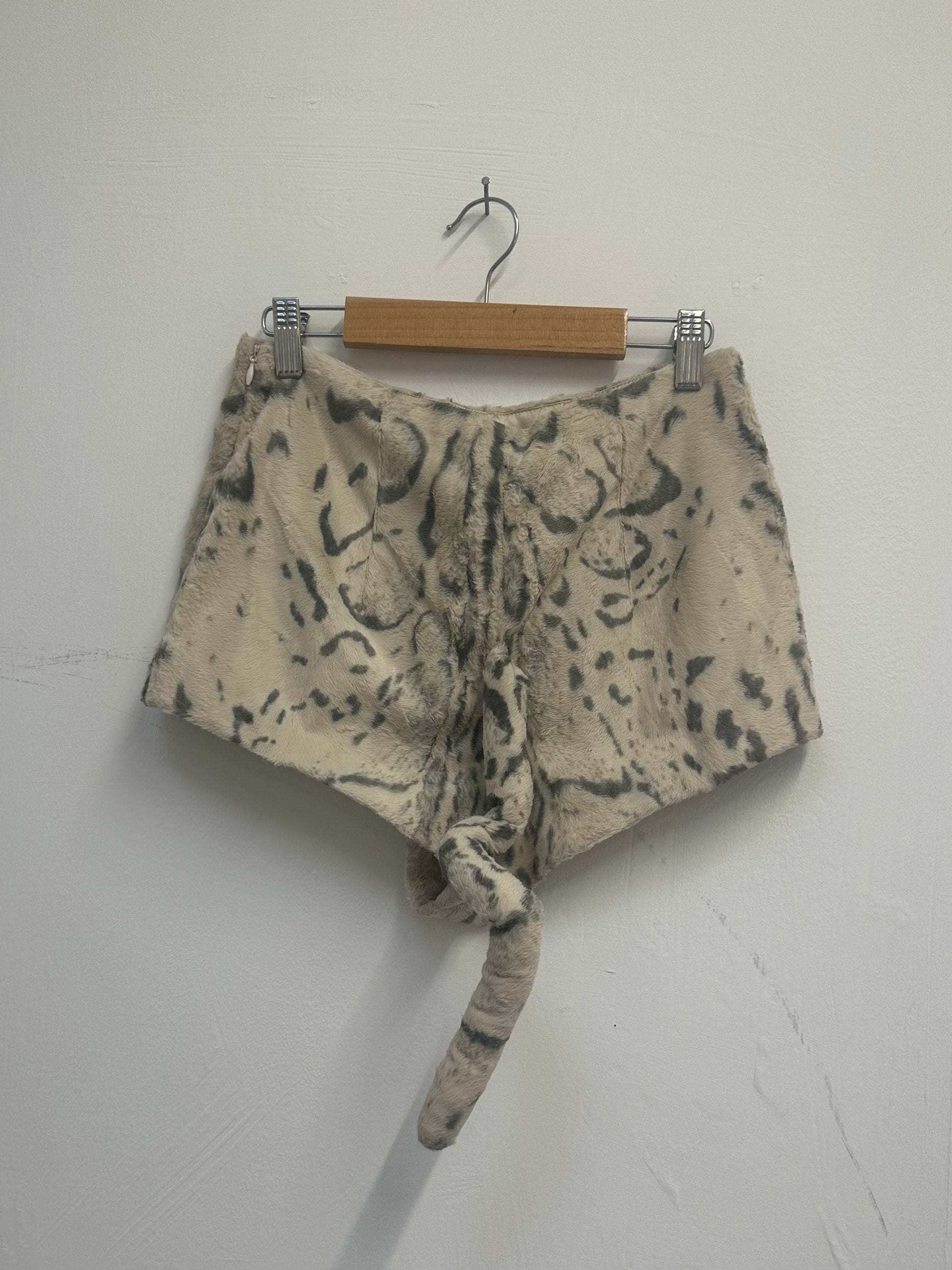 FAUX FUR ANIMAL PRINT HOT PANTS WITH TAIL SIZE SMALL