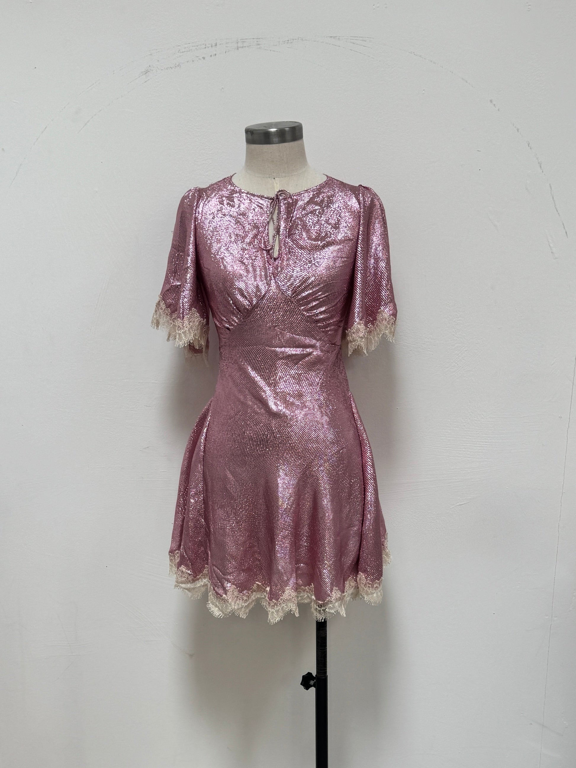 SAMPLE SALE - BIAS CUT LUREX DRESS WITH LACE TRIM - XS/S