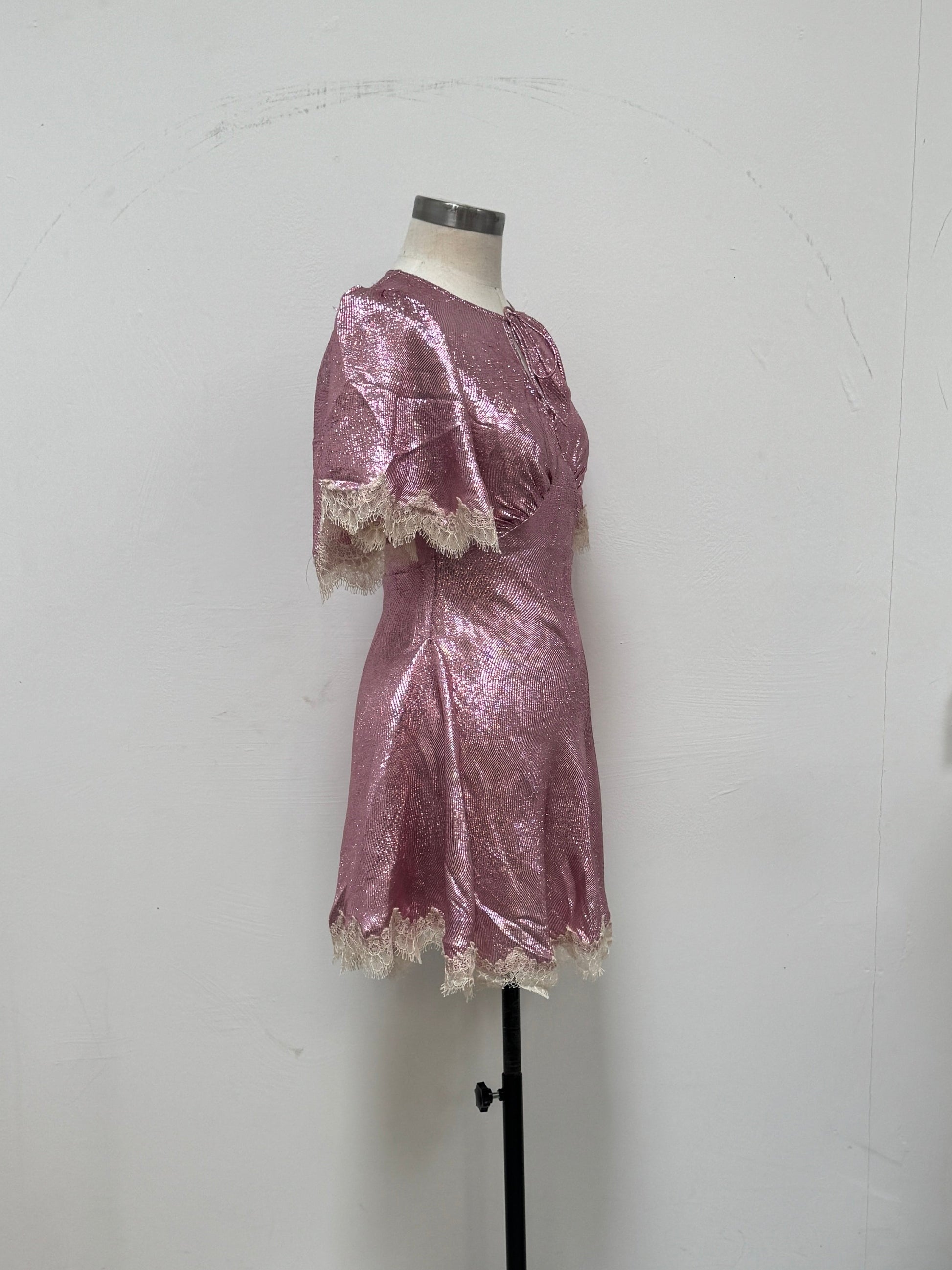 SAMPLE SALE - BIAS CUT LUREX DRESS WITH LACE TRIM - XS/S