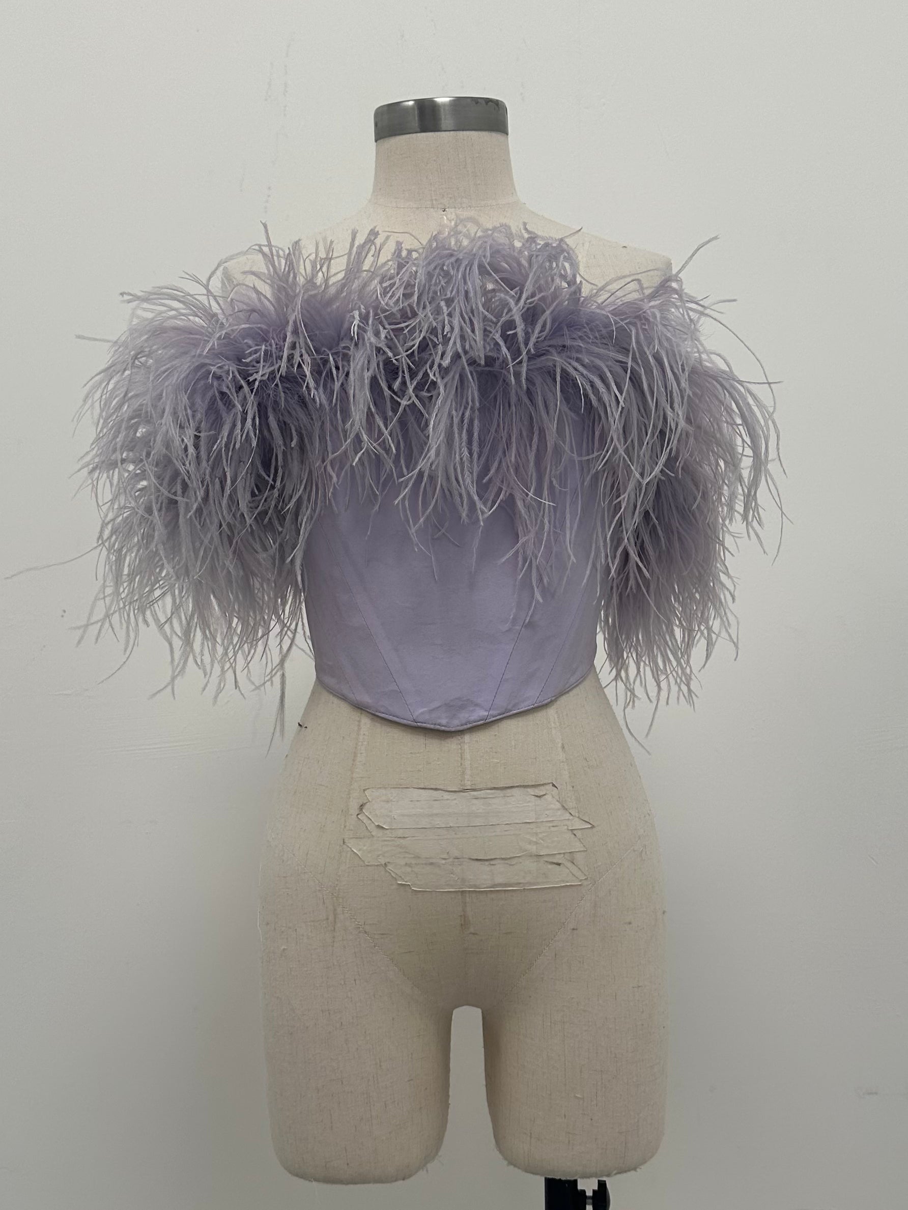 100% SILK LILAC CORSET WITH OSTRICH FEATHER TRIM XS-S