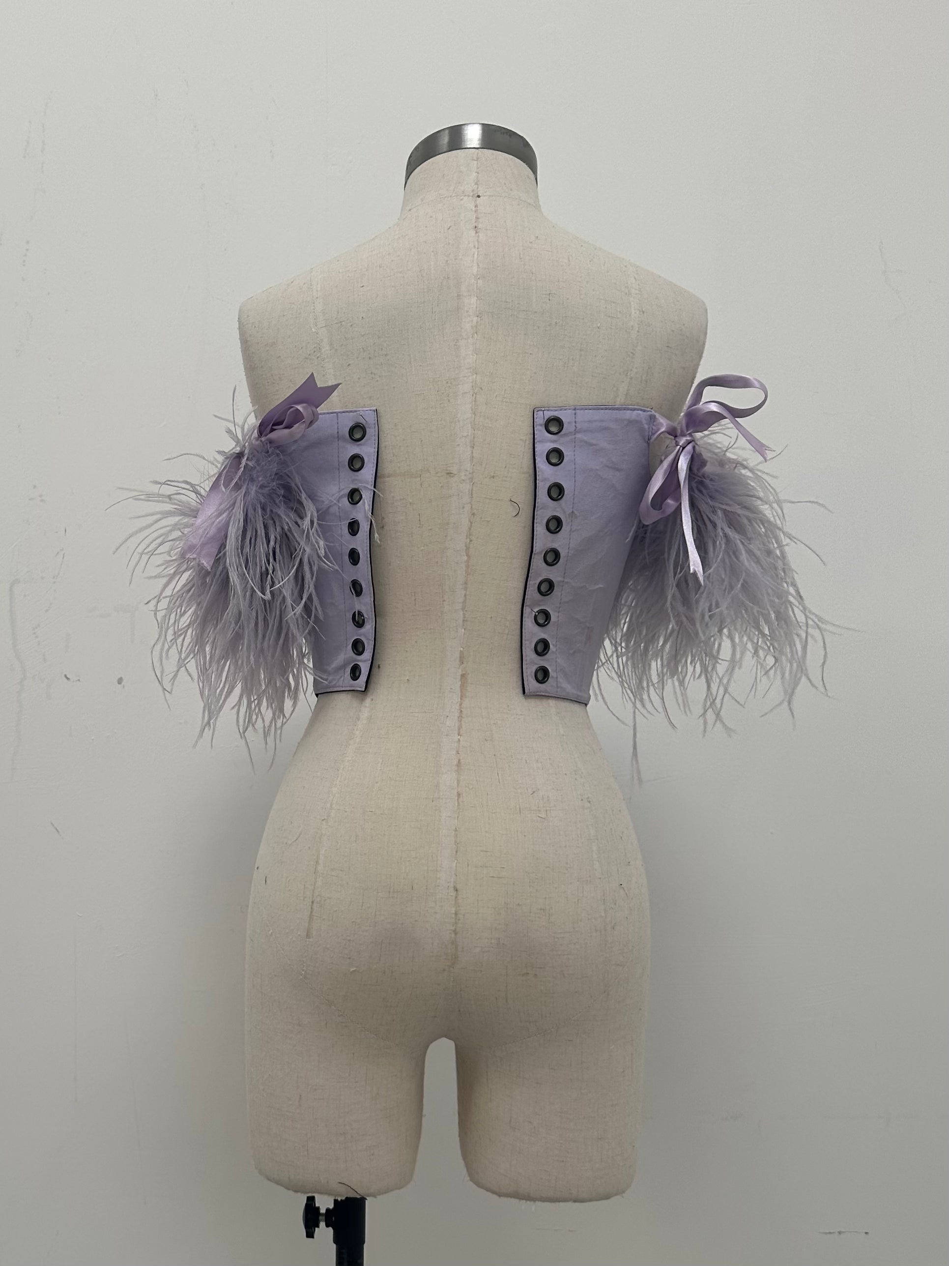 100% SILK LILAC CORSET WITH OSTRICH FEATHER TRIM XS-S