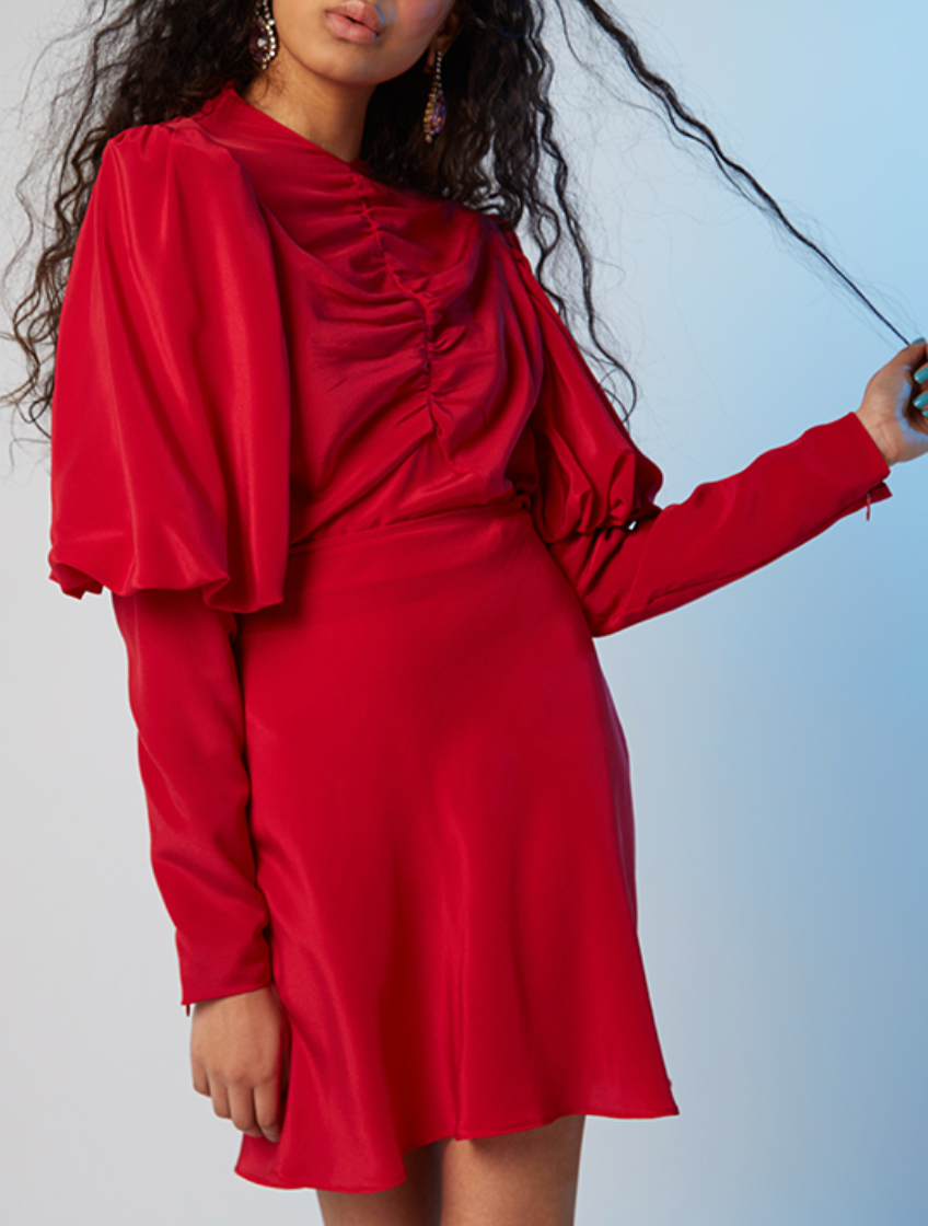 100% SILK LONG SLEEVED RED DRESS XS/S