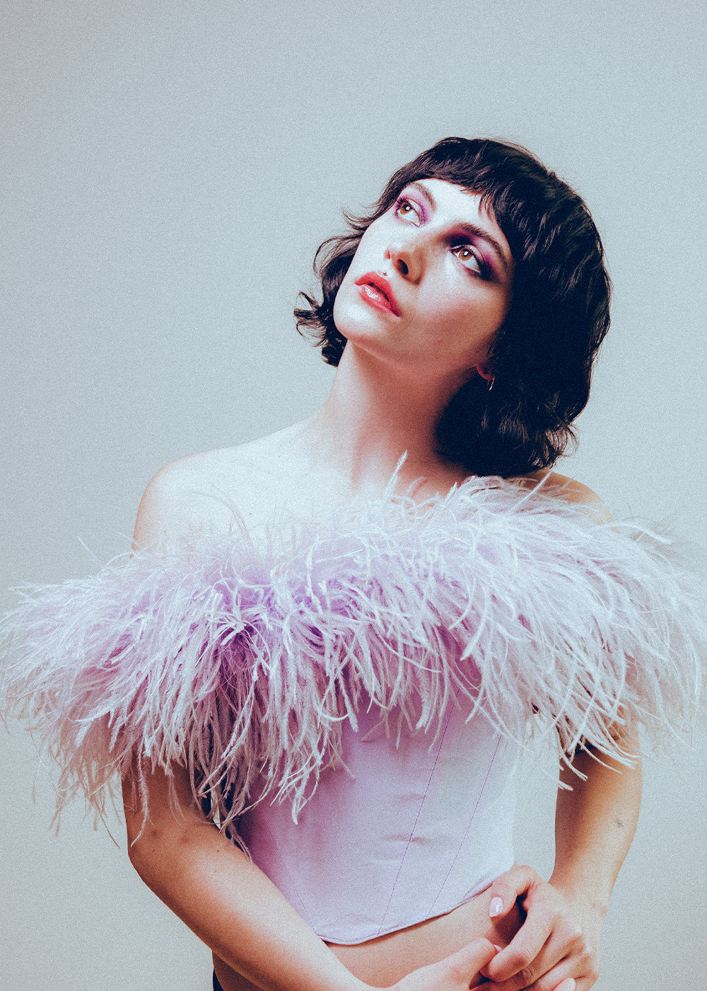 100% SILK LILAC CORSET WITH OSTRICH FEATHER TRIM XS-S